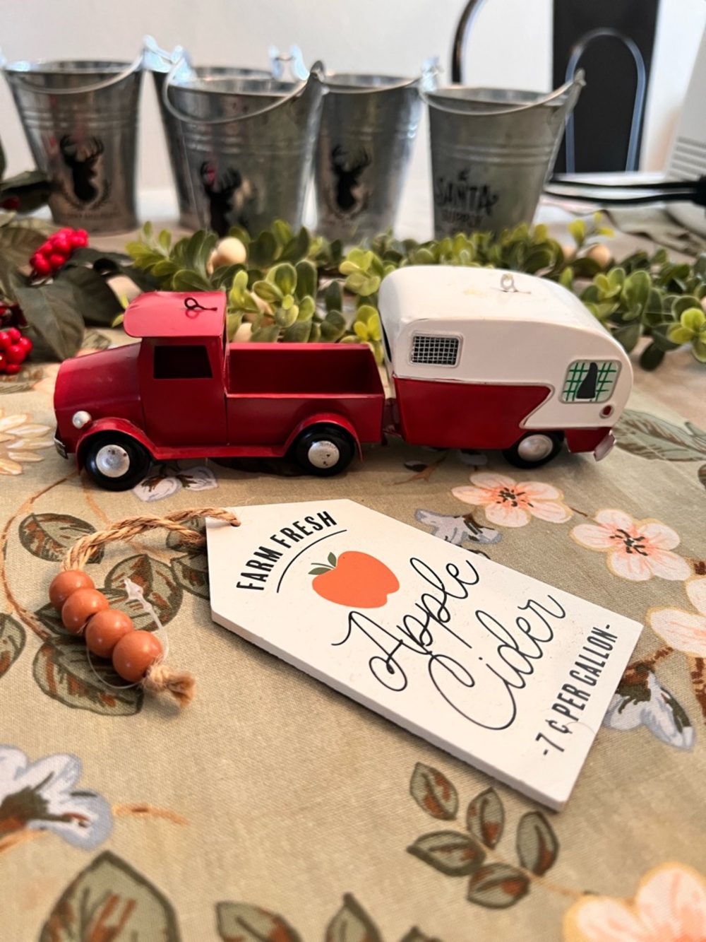 Red Toy Truck with Retro White & Red Camper